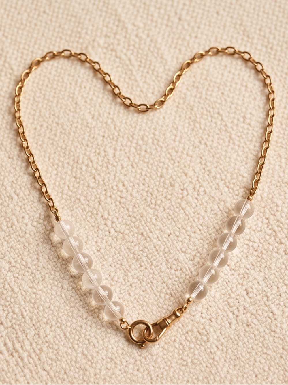 18K Gold Plated Clear Quartz Beaded Necklace w/ Vintage-Style Charm Holder Clasp
